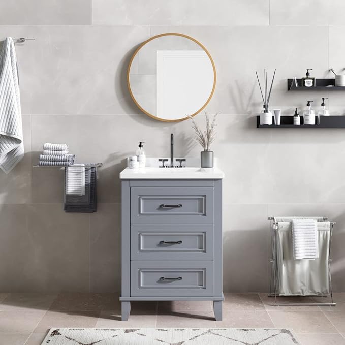 Hanover Ambridge 24'' Vanity Cabinet with Sink Combo for Bathroom, Powder Room, Pre-Assembled Cabinet, 2 Drawers, Accent Mirror, Artificial Stone Countertop, Gray Cabinet