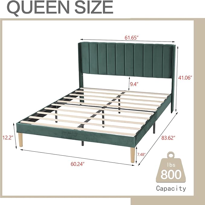 AGARTT Upholstered Platform Bed Frame Queen Size with Headboard and Footboard/Wooden Slats Support/No Box Spring Needed/Easy Assembly, Green Velvet