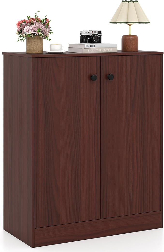 GOFLAME Floor Storage Cabinet with 2 Doors, Freestanding Accent Storage Cabinet Organizer with 3-Tier Inner Shelves, Modern Sideboard Buffet Cabinet for Kitchen, Living Room, Entryway, Dark Brown