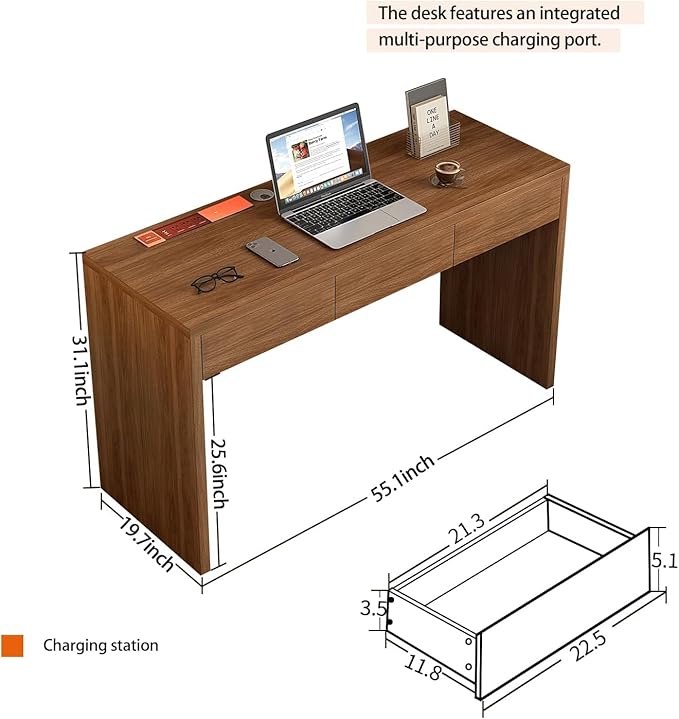 Executive Desk with Drawers, Computer Desk with Drawers with Pre-Embedded Slots, 55 inch Modern Walnut Home Office Desk with Charging Station for Study, Living Room, Bedroom