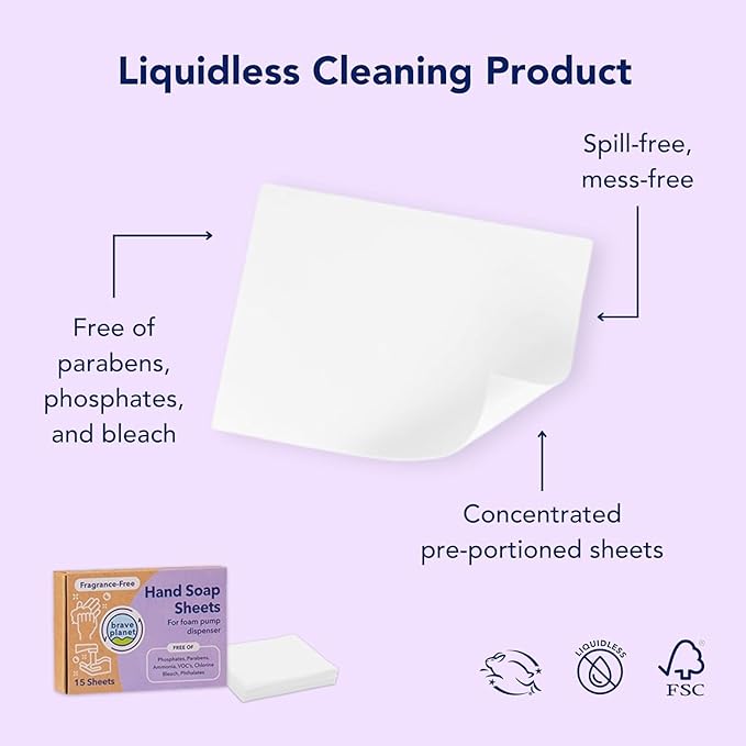 Brave Planet Foaming Hand Soap Refills – Eco-Friendly Fragrance-Free Sheets that are Biodegradable - Just Add Water to Dissolve & Refill 3-5 Bottles or Use Individually for Travel or Camping - 15 Ct