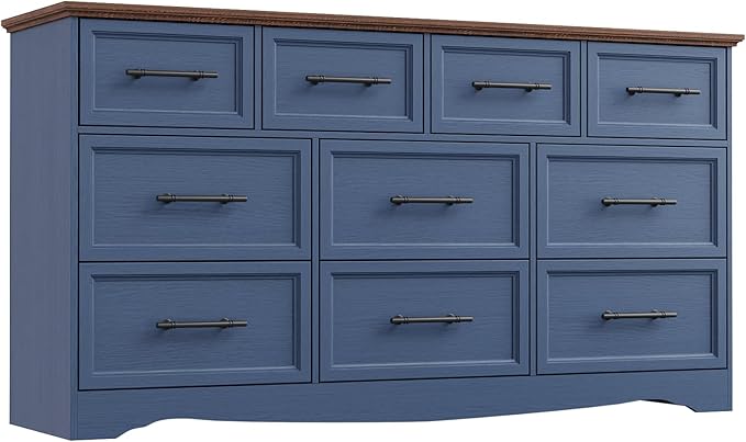 Blue Farmhouse Dresser for Bedroom, 10 Chest of Drawers, 59" Wide Chest of Drawers with Brushed Metal Handle, Wood Closet Organizers and Storage Cabinet for Bedroom, Living Room, Hallway