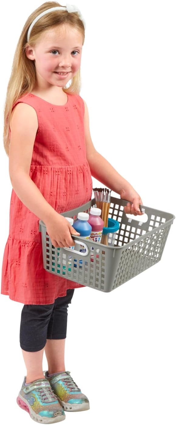 Really Good Stuff - 160016PE Multi-Purpose Plastic Storage Baskets for Classroom or Home Use - Stackable Mesh Plastic Baskets with Grip Handles 13" x 10" (Pebble - Set of 12)