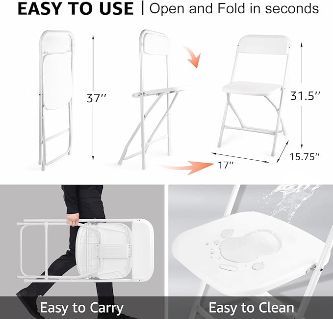 6 Pack White Folding Chairs, Portable Stackable Commercial Foldable Chair, Indoor Outdoor Plastic Folding Chair for Events/Office/Home/Wedding/Party, 400lbs Capacity