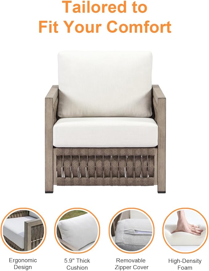 Patio Chair, Outdoor Aluminum Chair with Thick Washable Cushions, Rope Weave Outdoor Armchair Furniture Patio Sofa Armchair, Deep Seating Outside Furniture for Garden, Porch, Balcony, Gray Oak