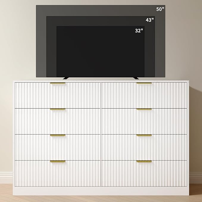 White Fluted Dresser Bedroom with 8 Drawer,55” Wide White Double Drawer Dresser Modern Chest of Drawers with Gold Handles,Wood TV Stand for Bedroom,Living Room