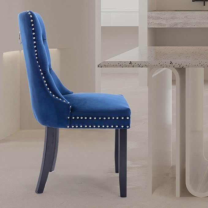 Velvet Upholstered Dining Chairs Set of 4, Modern Style Kitchen Side Chairs with Nailhead Trim and Wood Legs,Metal Pulling Ring for Dining Room Living Room(Blue,Set of 4)