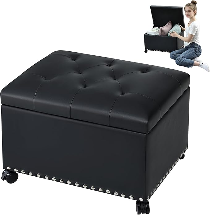 Leather Storage Ottoman Bench with 360° Caster Wheels, 24" Black Rectangle Rolling Ottoman with Storage, Foot Rest Bench Rectangle Ottomans Stool for Living Room Bedroom