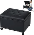 Leather Storage Ottoman Bench with 360° Caster Wheels, 24" Black Rectangle Rolling Ottoman with Storage, Foot Rest Bench Rectangle Ottomans Stool for Living Room Bedroom
