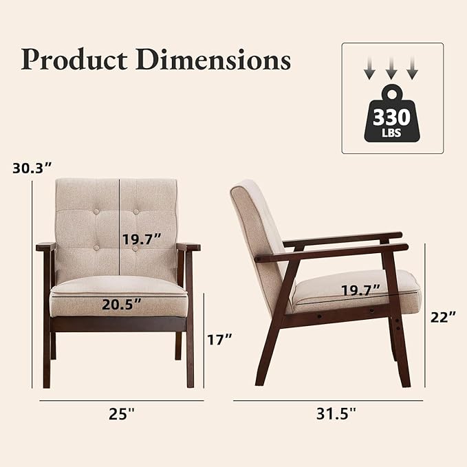 Bonzy Home Mid-Century Modern Accent Chair, Upholstered Fabric Armchair with Solid Wood Frame, Comfy Retro Leisure Chair Reading Chair for Living Room, Bedroom