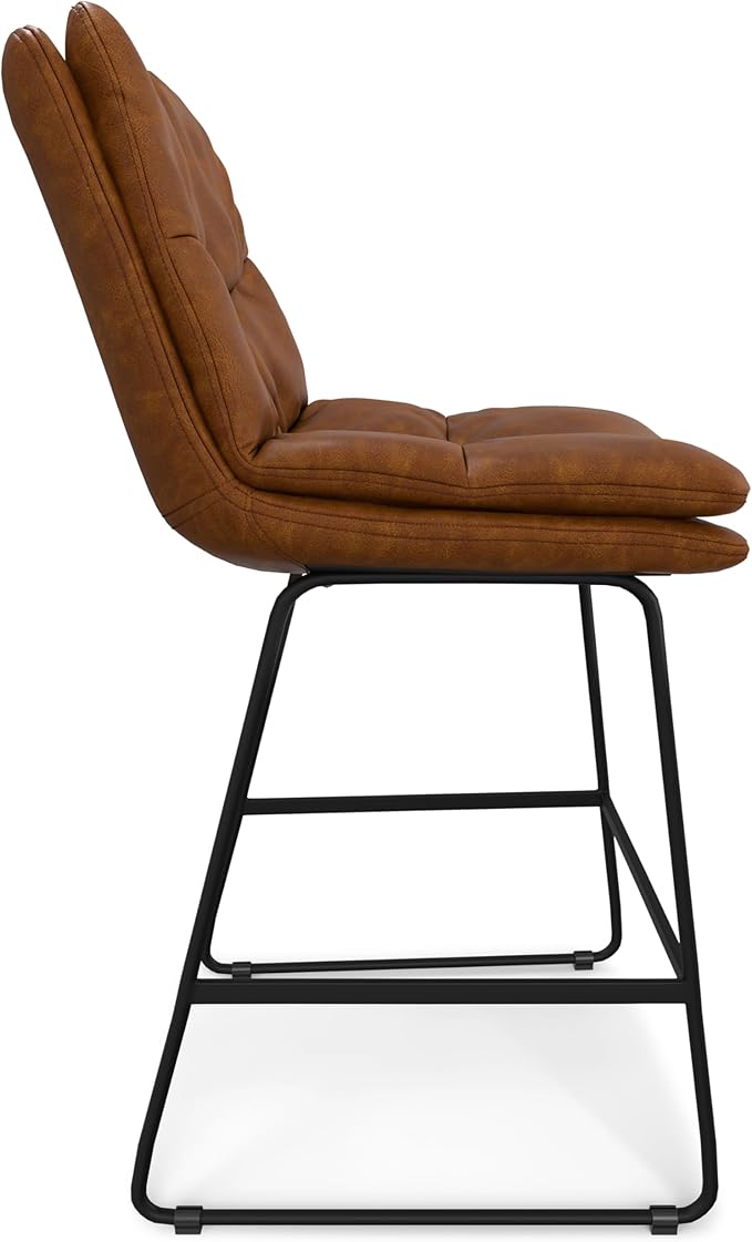 SIMPLIHOME Danika Counter Stools (Set of 2) - 24 Inch Seat Height Upholstered Metal Kitchen Seats in Camel Brown Vegan Faux Leather, Mid Century Modern Seating with Tufted Design and Footrest