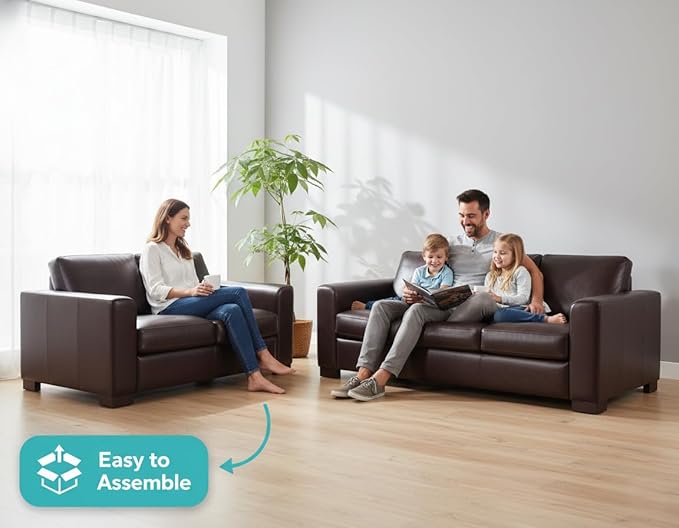 Naomi Home Freya Genuine Leather Sofa + Loveseat - Luxurious Comfort, Goose Feather Cushion Filling, Square Arm Design, Sturdy Block Legs, Elegant Espresso - Ideal for Living Room, Office, or Bedroom
