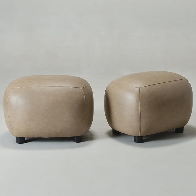 KINWELL 23" Wide Faux Leather Upholstered Ottoman Set of 2, Mid-Century Modern Living Room Footrest with Soft Padded Seat, Footstool for Bedroom, Entryway or Living Room, Khaki