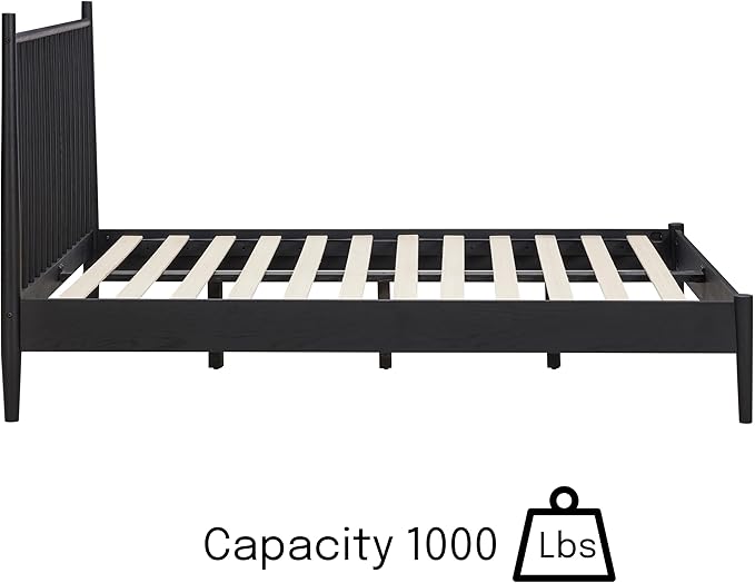 NTC Inno Wooden Bed Frame with Headboard, Solid Oak and Rubber Wood Foundation with Silent Slats and Wood Central Supports, 1000 Lb Capacity, Effortless Assembly, King - Burnt Black