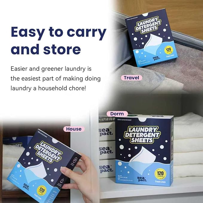 Laundry Detergent Sheets 120 Loads, Plastic Free Eco Friendly, Stain-Fighting Enzymes, Unscented Laundry Sheets, Hypoallergenic, Fragrance Free, Space-Saving for Dorm House Travel 60 Ct
