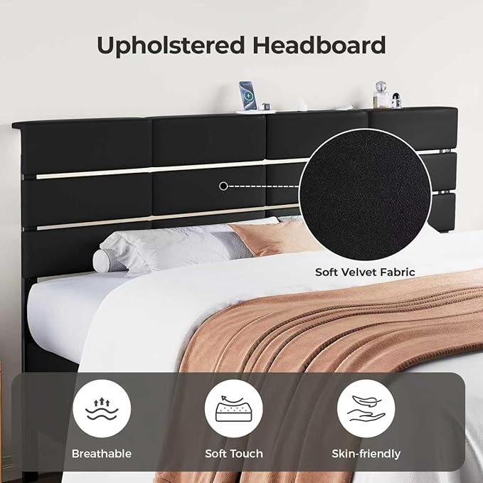 King/Cal King Size Upholstered Velvet Headboard, Adjustable Head Boards with LED Light & Charging Station, Bed Headboard Only, Attach Frame, Ideal for Bedroom, Dorm, Guest Room, Black