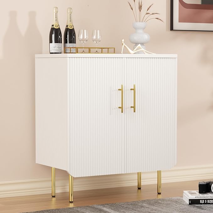 Buffet Cabinet with Storage, Sideboard with 2 Doors, Adjustable Shelf, Fluted Accent Cabinet for Living Room, Modern,White