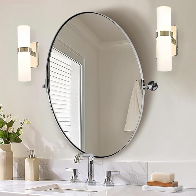 ANDY STAR Oval Bathroom Mirror, 22" x 34" Chrome Stainless Steel Metal Frame Pivoting Mirror for Over Sink with Adjustable Tilting Design, Vanity Mirror for Modern Wall
