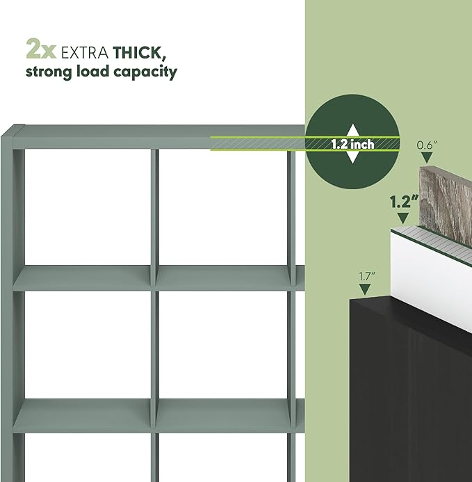 Furinno Cubicle Book Shelf, 9-Cube Thick Frame Bookshelf, Reversible Bookcase with Open Back, 14.6" x 43.8" x 43.8", for Living Room, Bedroom, Home Office, Sage Green