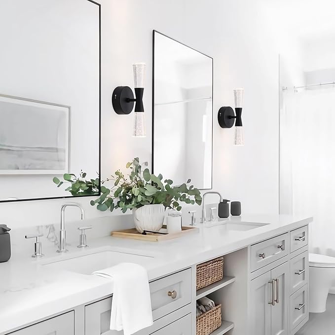 JoollySun Black Wall Sconce Crystal: Dimmable 3-Color (3000K-6000K) LED Bathroom Lighting for Hallway Bedroom Decorative