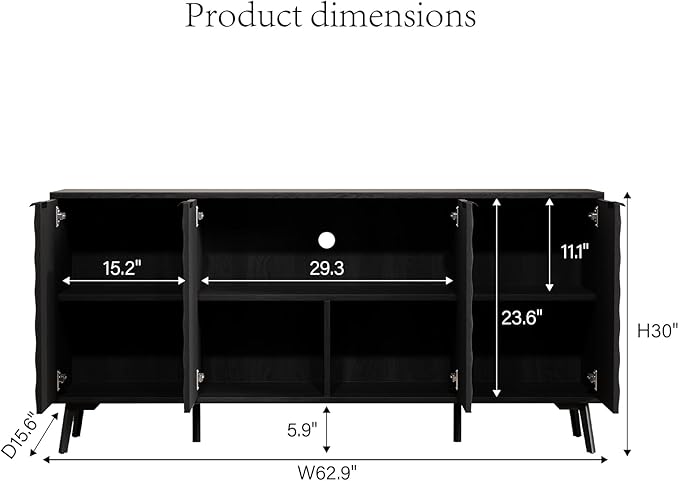 Mid-Century Modern Sideboard Cabinet, 63” Buffet with Storage, Diamond-Textured Credenza with 4 Doors, Multifunctional Accent Cabinet for Kitchen, Dining Room, Living Room (Matte Black)