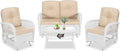 VIVIJASON 4-Piece Outdoor Patio White Wicker Conversation Sets, All Weather Rattan Furniture Set Includes Glider Loveseat, Coffee Table, 2 Glider Rocker Chairs w/Cushion for Lawn Balcony, Beige