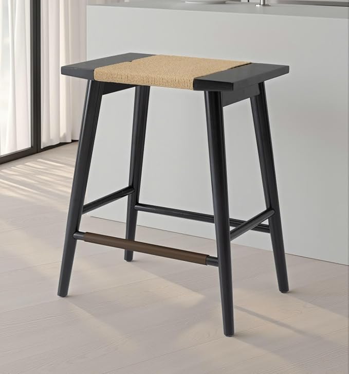 Thor Wicker Premium Solid Wood Counter Stool 24", Set of 2, Backless Counter Height Seating with Hand-Knitted Rope, Eco-Friendly Modern Design (Midnight Charcoal)