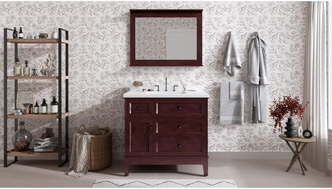 Hanover 36 Set Includes w, Brown Bedford 36'' Vanity Sink Combo for Bathroom, Powder Room | Pre-Assembled 1 Door, 3 Drawers | Accent Mirror | Artificial Stone Countertop, Cabinet, 36 inches