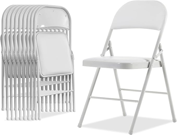 10 Pack White Folding Chairs with Padded Seats, Portable Stackable Foldable Chairs for Indoor and Outdoor, Commercial Seat with Metal Frame for Events Office Wedding Party, 330lbs Capacity