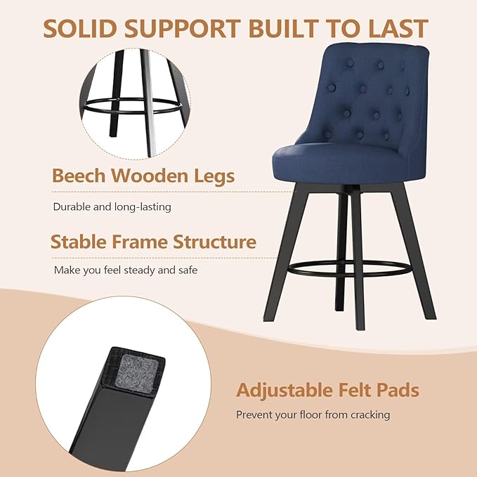 MINCETA Set of 2 Upholstered Bar Stools - 26 Inch Swivel Counter Height Stools with Low Tufted Back, Footrest & Performance Fabric - Round Seat for Kitchen Island & Home Bar Blue