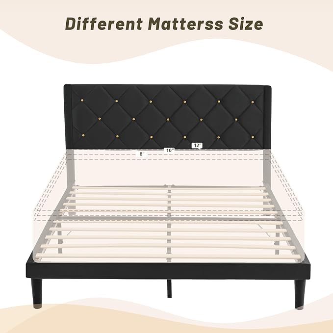 Full Size Platform Bed Frame with Velvet Upholstered Headboard and Sturdy Wooden Slats Support,Mattress Foundation，Easy Assembly, No Box Spring Needed,Slip Resistant (Black, Full)