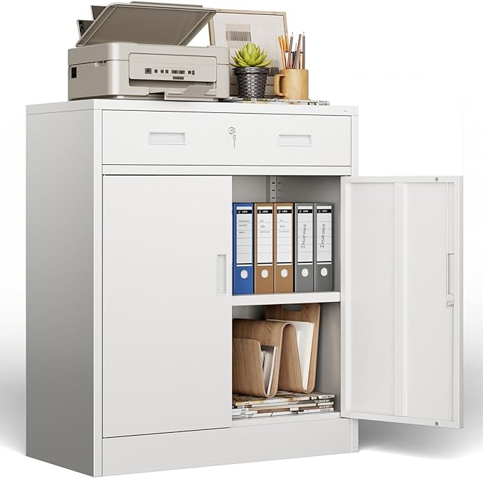 BESFUR Metal Storage Cabinet with Lockable Drawer and 2 Lockable Doors, 36"H White Metal Cabinet with Adjustable Shelf, Locking Storage Cabinet for Home Office, Garage,School, Warehouse, Utility Room