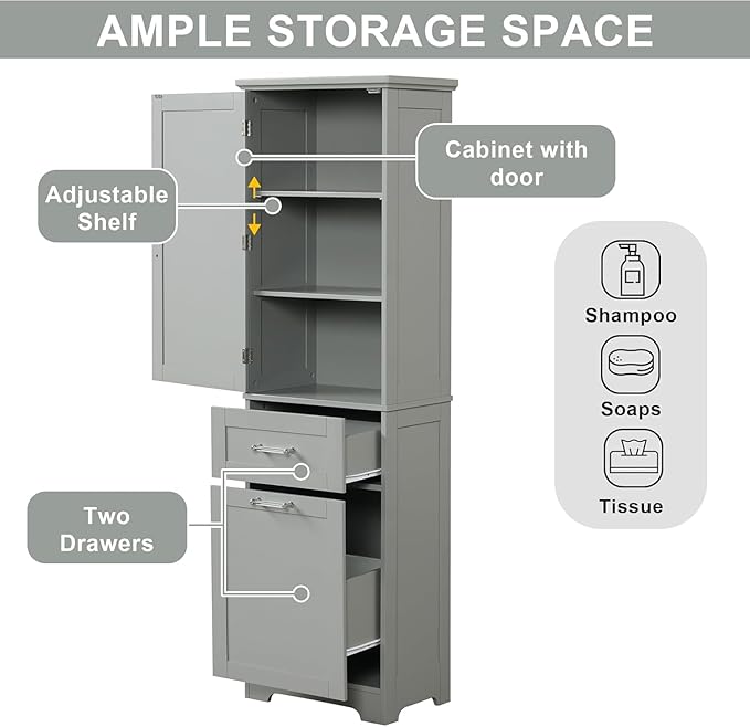Tall Bathroom Storage Cabinet, Freestanding Storage Cabinet with 1 Door, 2 Different Size Drawers for Bathroom Living Room (Grey)