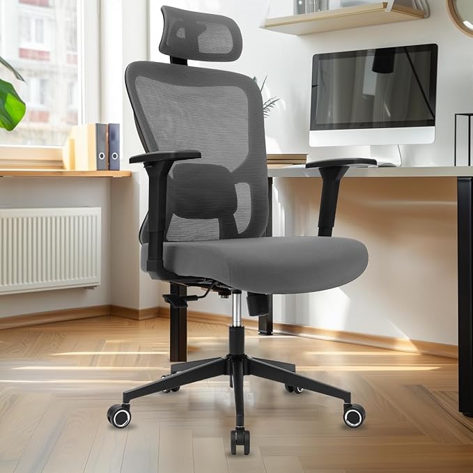 Ergonomic Office Chair - 350LB Mesh Office Chair with Adjustable Lumbar, High Back Computer Desk Chair with 3D Armrest, Comfy Chair with 2D Headrest & Tilt Function for Study, Work, Gaming
