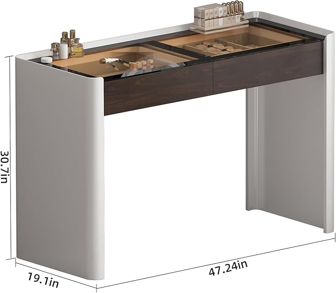 Makeup Vanity Desk with HD Lighted Mirror, 47-Inch Modern Vanity Desk with Mirror and Lights, Featuring 2 Drawers, Lacquer Finish, and Tempered Glass Top for Bedroom (2)
