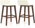 COSTWAY Wooden Bar Stools Set of 2, 29-inch Height Upholstered Padded Seat, Low Backrest, Footrest, Rubber Wood Legs, Armless Bar Chairs for Kitchen Counter Island, Dining Room, Brown+Beige