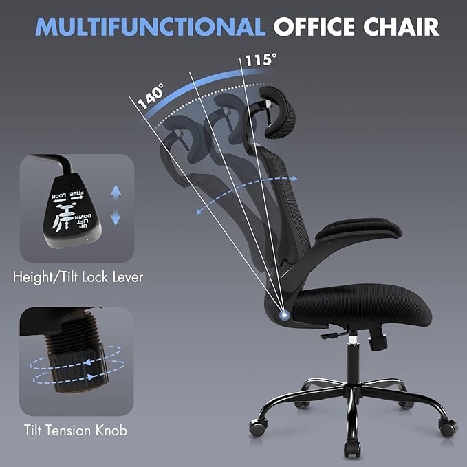 Ergonomic Office Chair with Adjustable Lumbar Support & Headrest – High Back Mesh Desk Chair with Flip-Up Armrests, Swivel Rolling Computer Chair for Home Office, Breathable & BIFMA Certified, Black