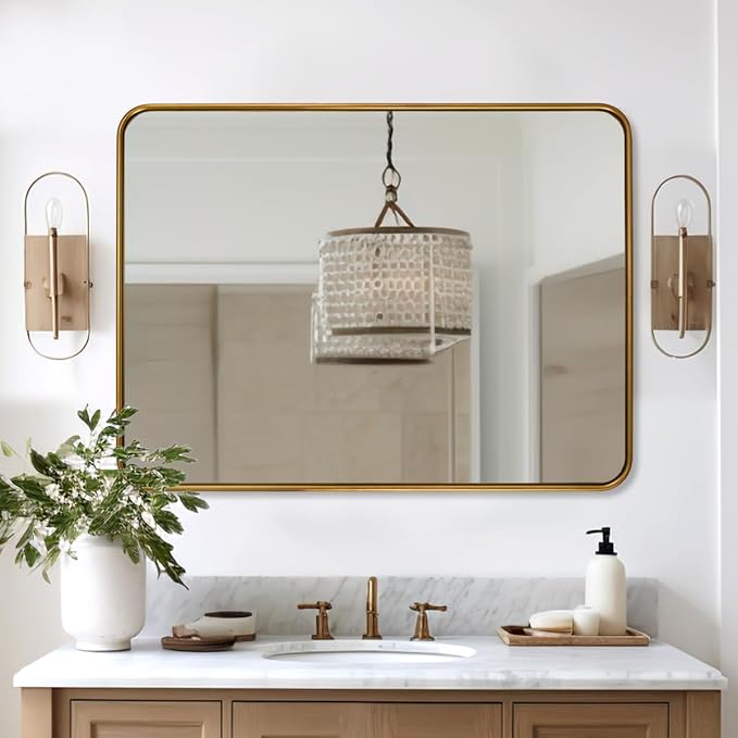 ANDY STAR Bathroom Mirror for Wall, 30x40 Inch Gold Rectangle Mirror for Bathroom with Rounded Corner, Modern Brushed Brass Vanity Rectangular Mirrors with Tube Metal Frame, Wall Mounted