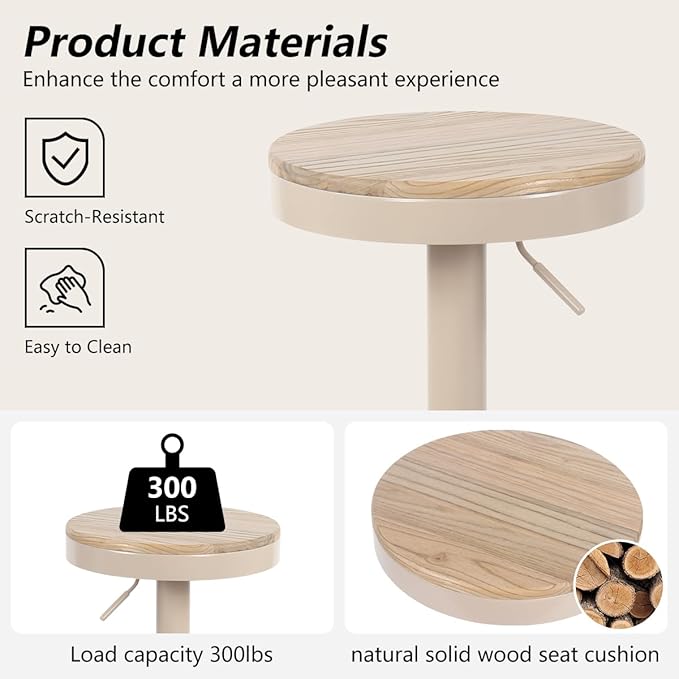 Kidol & Shellder Bar Stools Set of 6 Round Adjustable Swivel Barstools Modern Backless Bar Chairs Wooden Seat Counter Height Stools Armless for Kitchen Island, Cafe, Dining Room (Khaki)