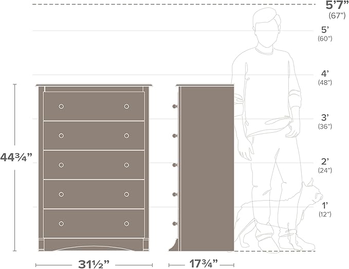 Prepac Sonoma Superior 5-Drawer Dresser for Bedroom - Spacious and Stylish Chest of Drawers, Measuring 17.75"D x 31.5"W x 44.75"H, In Espresso Finish