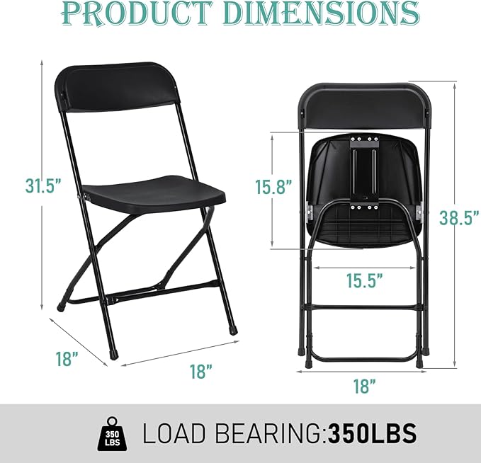 100 Pack Plastic Black Folding Chairs, Portable Stackable Commercial Party Folding Chairs with Steel Frame 350lbs for Home Office Outdoor Indoor Office Wedding Party Event