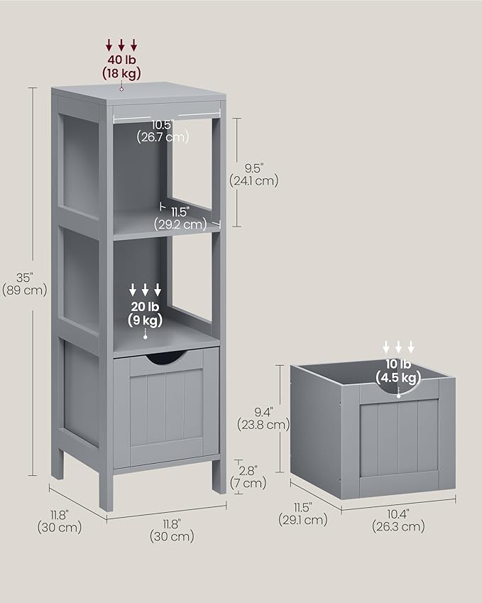 VASAGLE Storage Cabinet, Storage Organizer Rack Stand for Bathroom, Living Room, Bedroom, Multifunctional Corner Unit, 2 Drawers, 35 Inches in Height, Dove Gray UBBC042G02