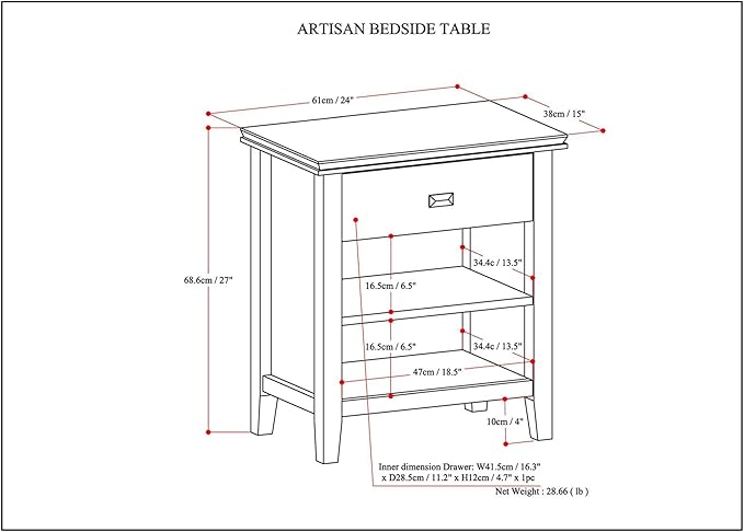 SIMPLIHOME Artisan Bedside Table - 24 inch Wide Solid Wood Nightstand Table in Russet Brown, Contemporary Bedroom Side or End Table with 1 Drawer, Open Shelf Storage and Bronze Knobs