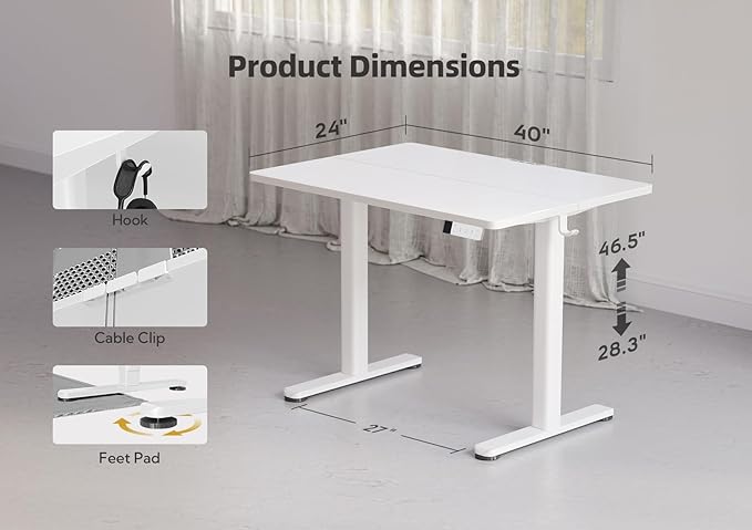 YDN Electric Standing Desk Adjustable Height, 40 x 24 Inches Stand up Desk with Cable Management, Home Office Desks with Splice Board & White Frame, White Top
