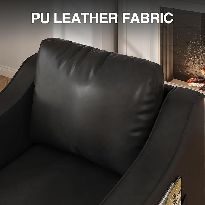 Faux Leather Accent Chair Set of 2 for Living Room, 30 Inches Barrel Upholstered Armchair, Cozy Mid Century Modern Club Arm Chair Single Sofa for Bedroom, Apartment, Reading Room, Black