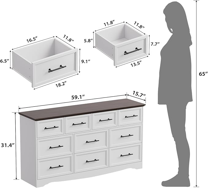 White Dresser for Bedroom, Farmhouse 10 Chest of Drawers, 59" Wide Chest of Drawers with Brushed Metal Handle, Wood Closet Organizers and Storage Cabinet for Bedroom, Living Room, Hallway