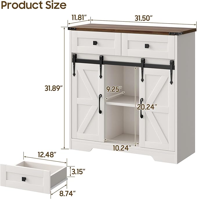 Farmhouse Storage Cabinet With Sliding Barn Doors and Drawers for Bathroom, Kitchen, Living Room - Rustic Style Floor Storage, White