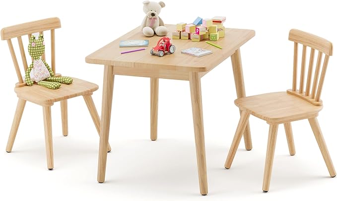 Curipeer Windsor Kids Table and 2 Chair Set, Rubberwood Children Toddler Table and Chair Set with Non-Slip Legs/Round Edge Design for Art, Play, Craft, Activity, Natural Wood