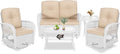 VIVIJASON 5-Piece Outdoor Patio White Wicker Conversation Sets, All Weather Outdoor Rattan Furniture Set Includes Glider Loveseat, 2 Coffee Table, 2 Swivel-Gliders Chairs with Cushions, Beige