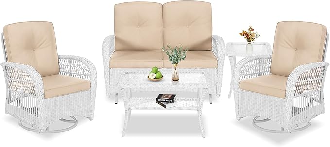 VIVIJASON 5-Piece Outdoor Patio White Wicker Conversation Sets, All Weather Outdoor Rattan Furniture Set Includes Glider Loveseat, 2 Coffee Table, 2 Swivel-Gliders Chairs with Cushions, Beige